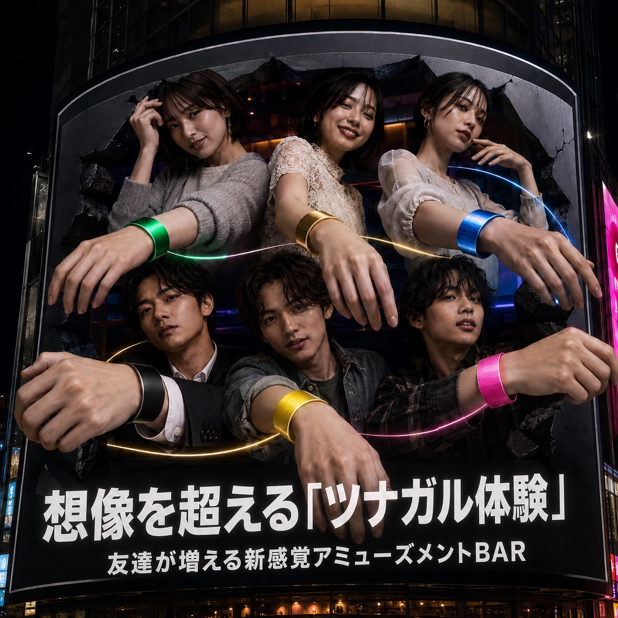 異なる色のカラーバンドを身につけた6人の20代男女